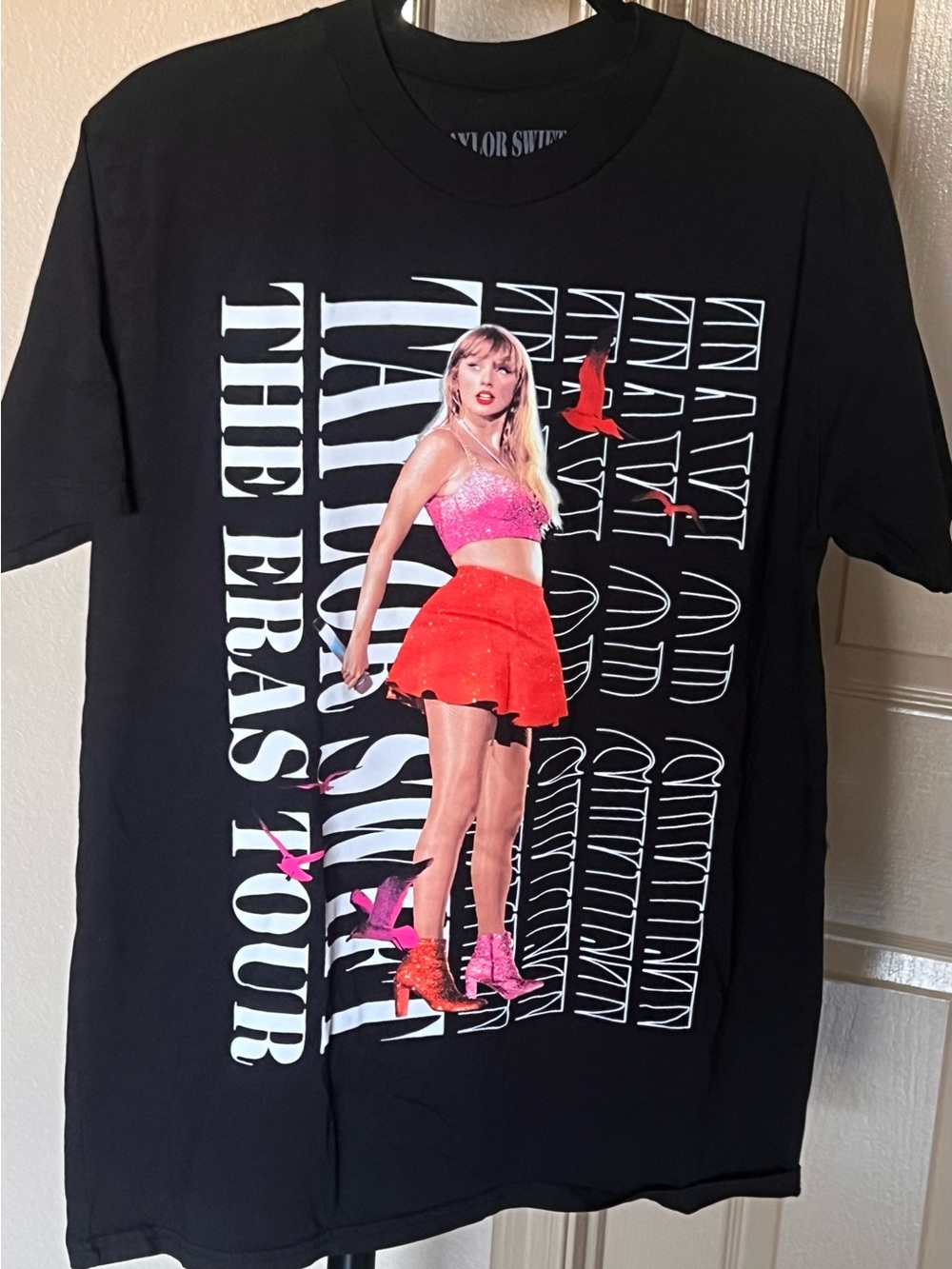 Taylor Swift Black Tee with Pink Top & Red Skirt Graphic